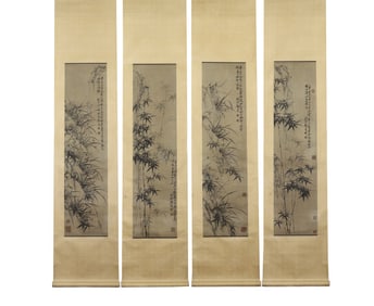 Zheng Banqiao mark, Four Chinese Bamboo and Stone paintings, Ink on Paper, Hanging Scroll