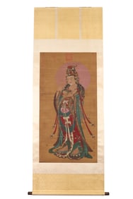 Wu Daozi mark, Chinese Avalokitesvara painting, Ink and Color on Silk, Hanging Scroll