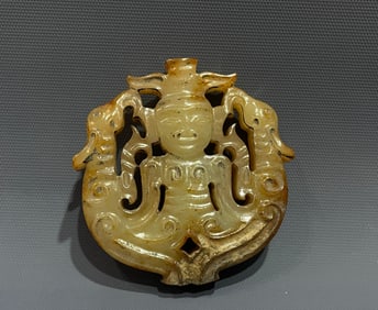 Jade Carved Character and Phoenix Pattern Pendant