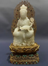 Jade Inlaid Solid Gold Carved Padmapani Figure