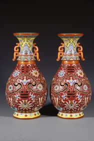 Pair of Famille Rose Flower Pattern Porcelain Double Ears Movable Vase