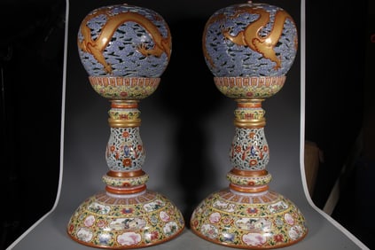 Pair of Famille Rose Flower and Dragon Pattern Porcelain Incense Burner