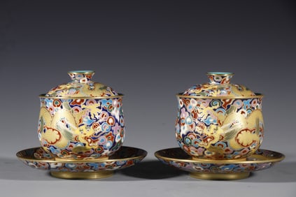 Pair of Enamel Drawing Dragon and Cloud Pattern Porcelain Lid Cup