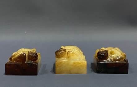 Group of Three Jade Carved Chi Dragon Shape Stone Seal