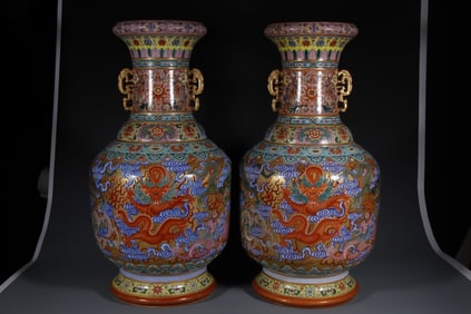 Pair of Famille Rose Flower and Dragon Pattern Porcelain Double Beast Ears Vase