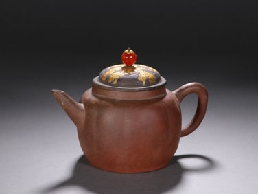Purple Clay Teapot and Gilt Silver Carved Character Story Pattern Lid