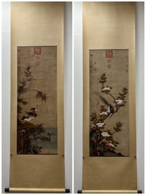 Pair of Chinese Drawing Flower and Bird Painting,Jiang Tingxi Mark