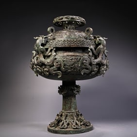 Chinese Bronze Carved Dragon and Poetry Pattern Zun