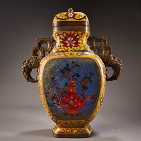 Bronze Cloisonne Inlaid Gilt Bronze Carved Flower Pattern Double Ears Vase