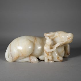 Jade Carved Child and Ox Shape Ornament
