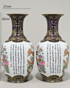 Pair of Famille Rose Gold Drawing Flower and Poetry Pattern Porcelain Vase