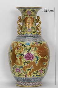 Enamel Drawing Dragon and Phoenix Pattern Porcelain Double Ears Vase
