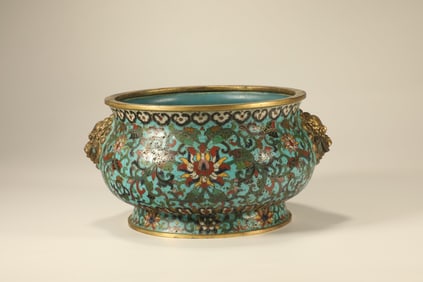 Bronze Cloisonne Carved Flower Pattern Double Lion Ears Incense Burner