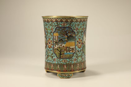 Bronze Cloisonne Carved Flower and Landscape Pattern Brush Pot