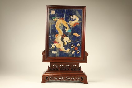 Huanghuali Inlaid Multi GemStone and Lapis Carved Dragon Pattern Table Plaque