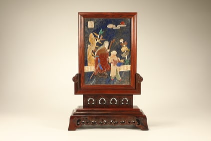 Huanghuali Inlaid Multi GemStone and Lapis Carved Character Story Pattern Table Plaque