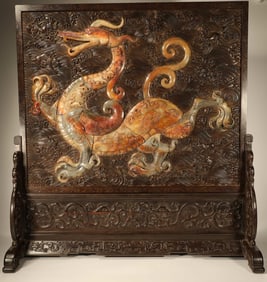 Red Sandalwood Inlaid Jade Carved Dragon Pattern Table Plaque