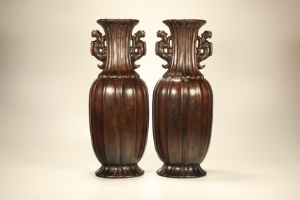 Pair of Agarwood Carved Chi Dragon Ears Vase