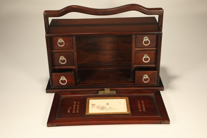 Huanghuali Wood Inlaid Shoushan Stone Carved Character Pattern Food Tray Box