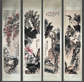 Group of Four Chinese Drawing Flower and Bird Painting,Pan Tianshou Mark