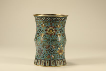 Bronze Cloisonne Carved Flower Pattern Bamboo Shape Brush Pot