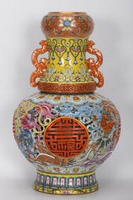 Enamel Drawing Flower and Dragon Pattern Porcelain Double Ears Movable Vase