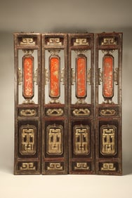 Group of Four Lacquerware Gold Drawing Bamboo and Plum Flower & Orchid & Chrysanthemum Pattern Wall