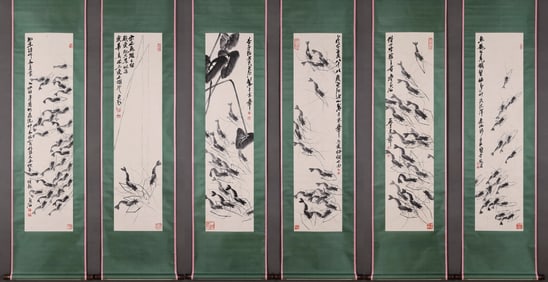 Group of Six Chinese Drawing Shrimp Painting,Qi Baishi Mark