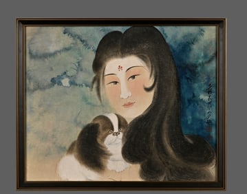 Chinese Drawing Beauty and Dog Painting Wood Frame,Zhang Daqian Mark