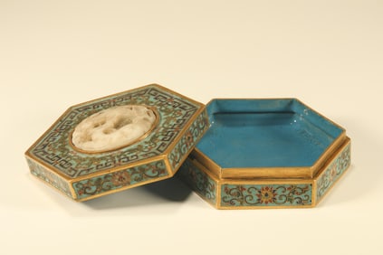 Bronze Cloisonne Inlaid Jade Carved Flower and Deer Pattern Lid Box