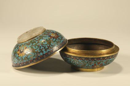 Bronze Cloisonne Inlaid Jade Carved Flower and Crane Pattern Lid Box