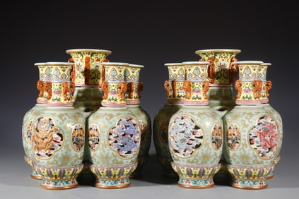 Pair of Bean Green Glazed Famille Rose Gold Drawing Flower and Dragon Pattern Porcelain Movable Vase