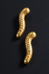 Pair of Solid Gold Carved Silkworm Shape Ornament