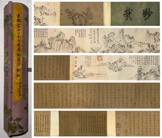 Chinese Drawing Landscape and Calligraphy Hand Scroll,Song Huizong Mark
