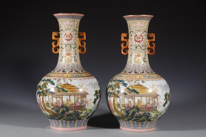 Pair of Famille Rose Character Story Pattern Porcelain Vase