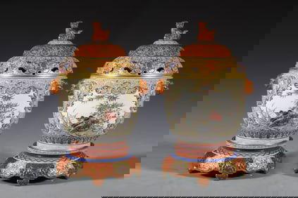 Pair of Famille Rose Flower and Quail Pattern Porcelain Incense Burner