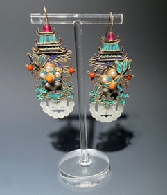 Pair of Gilt Silver Blue Feather Inlaid Gem Stone and Jade Carved Flower and Xi Pattern Earring