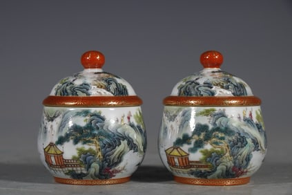 Pair of Enamel Drawing Landscape Pattern Porcelain Lid Pot