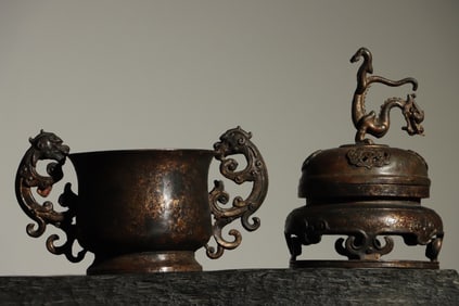 Bronze Carved Double Chi Dragon Ears Incense Burner