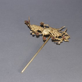 Gilt Silver Inlaid Gem Stone Carved Magpie with Plum Flower Pattern Hairpin