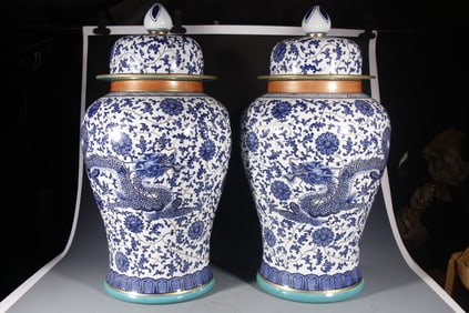 Pair of Blue and White Inlaid Gilt Bronze Flower and Dragon Pattern Porcelain Lid Pot