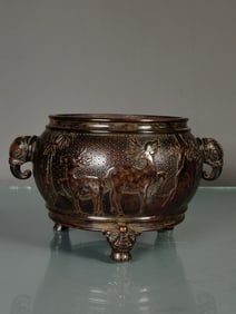 Bronze Carved Deer Pattern Double Elephant Ears Incense Burner