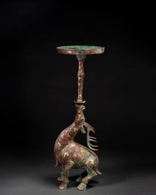 Chinese Bronze Gold and Silver Inlaid Carved Deer Shape Candlestick