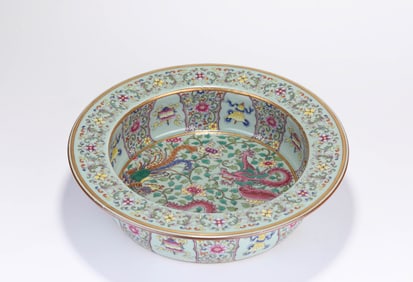 A Pea-Green Glazed Famille-Rose 'Dragon-and-Phoenix' Basin