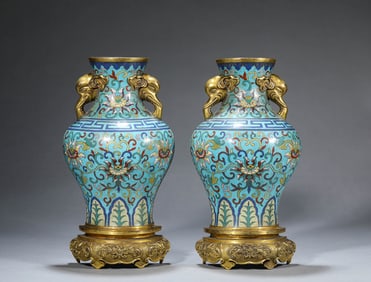 A Pair of Cloisonné Enamel 'Interlocking Lotus' Wall Vases