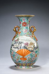 A Turquoise-Ground Famille-Rose 'Landscape-and-Figure' Vase
