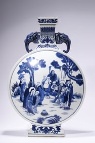 A Blue and White 'Immortals Offering Longevity'Moonflask