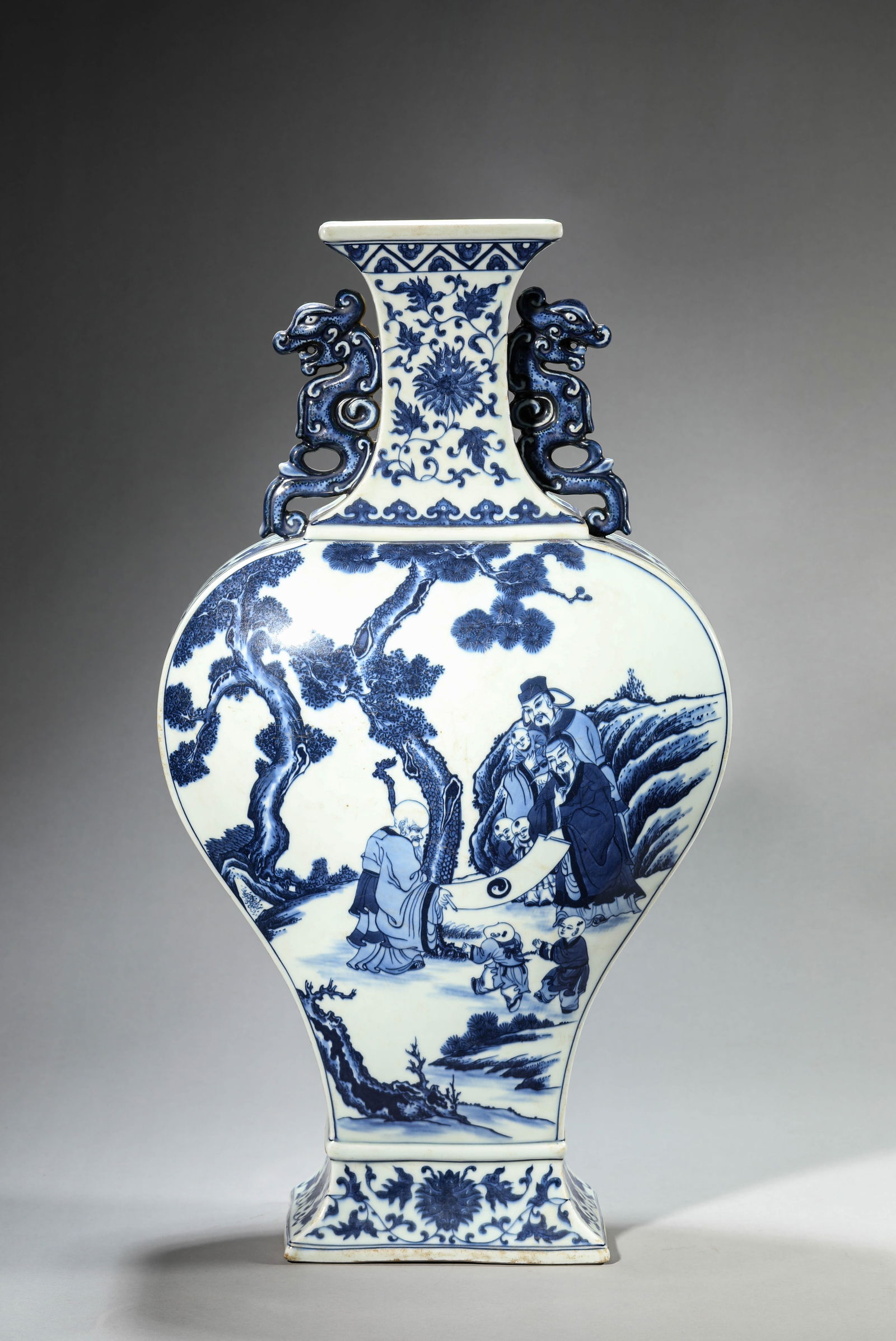 A Blue and White 'Narrative Scene' Flat Bottle: A Blue and White 'Narrative Scene' Flat Bottle (32.5 x 18.9 x 59.7cm)