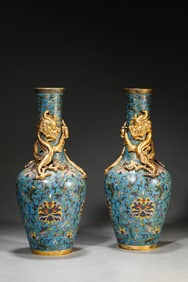 A Pair of Cloisonné Enamel 'Floral and Dragon' Vases