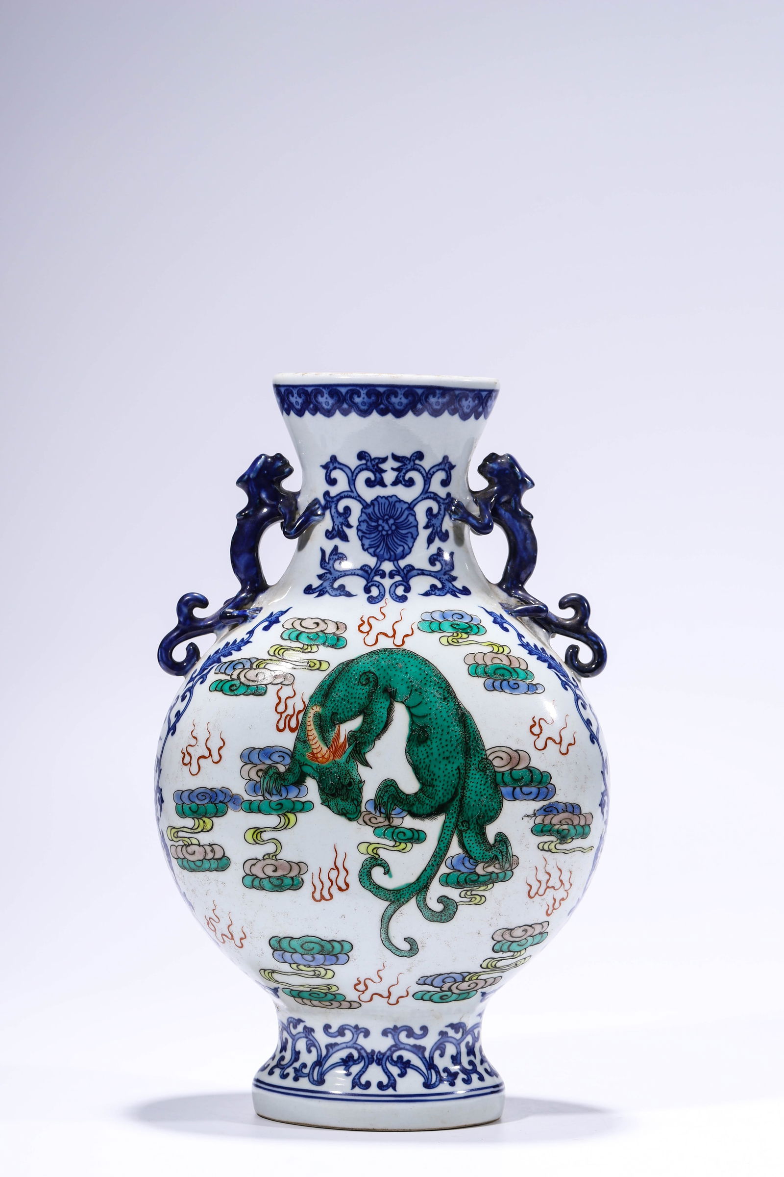 A Blue and White with Wucai 'Auspicious Beasts' Flat Bottle: A Blue and White with Wucai 'Auspicious Beasts' Flat Bottle (20.6 x 12.4 x 34cm)